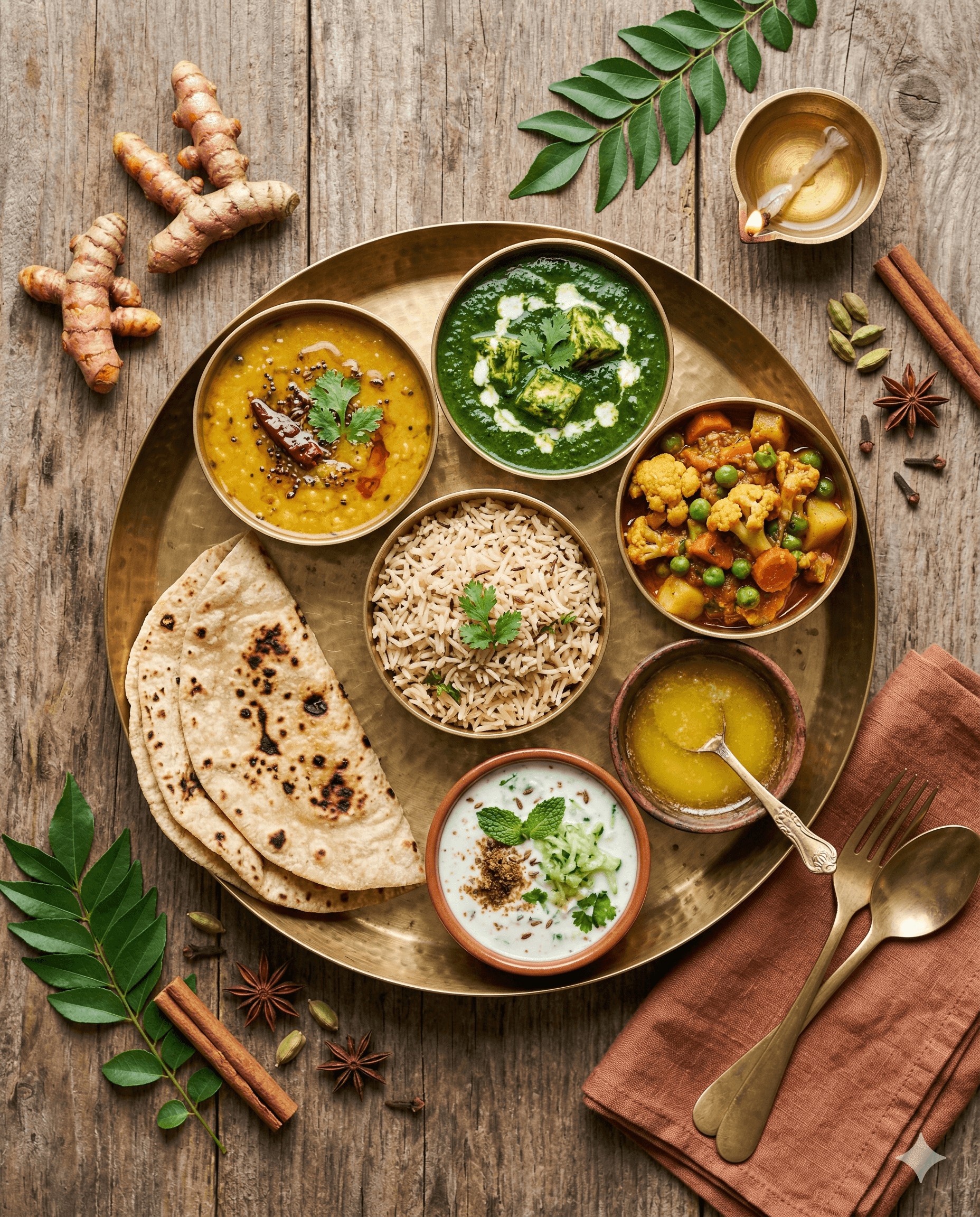 Traditional North Indian thali with ghee, roti, dal, and fresh vegetables — healthy wholesome nutrition by Amrit Deol